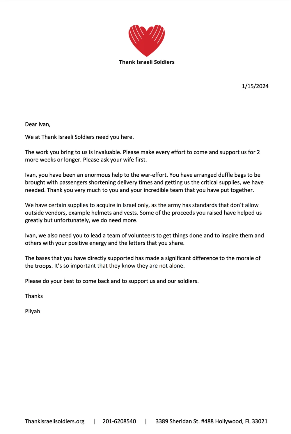 A typed letter addressed to Ivan from the organisation Thank Israeli Soldiers, thanking him for arranging duffel bags to be carried by passengers and for shortening delivery times