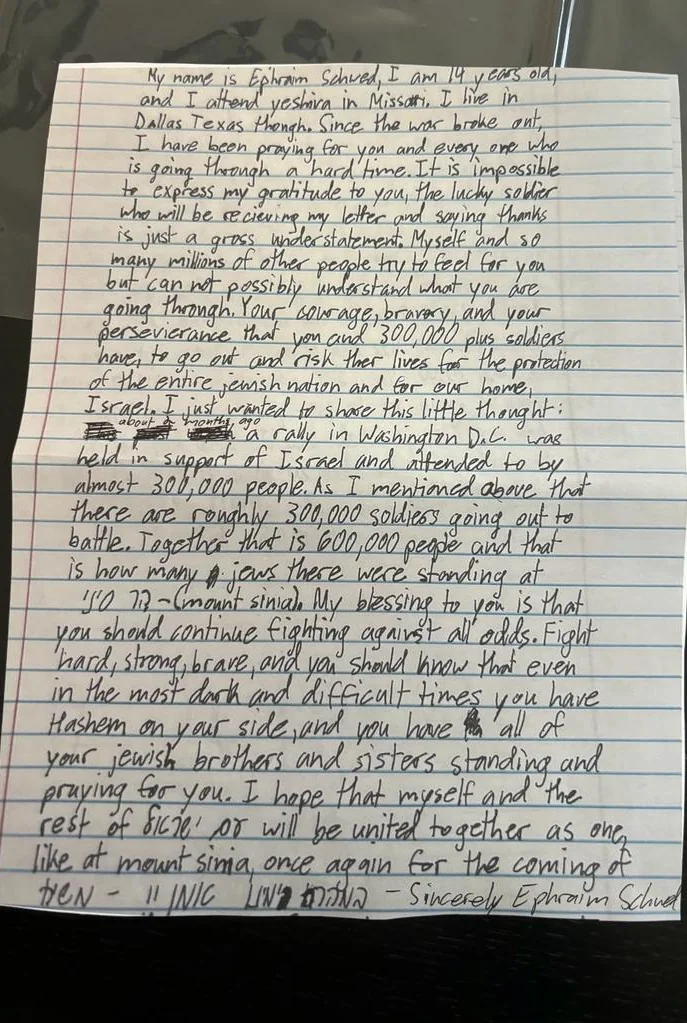 A long handwritten letter from a 14-year-old student in Dallas, Texas, addressed to Israeli soldiers, thanking them for their courage