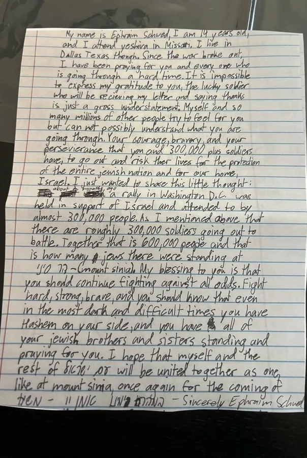 A long handwritten letter from a 14-year-old student in Dallas, Texas, addressed to Israeli soldiers